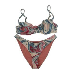 Dippin Daisy women's Pink Blue and Cream Swirl Print Bikini Size Small